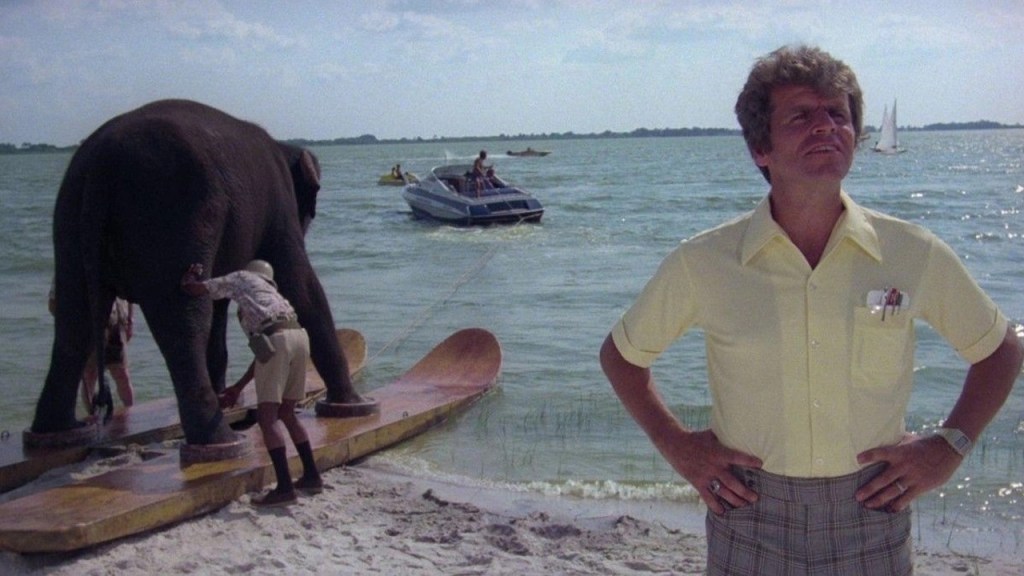 Two people prepare an elephant to water ski while a man with a pocket protector stands with hands on hips, looking in a different direction. I don't get it either.