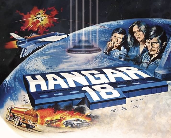 A classic late 70s/early 80s movie poster image, with drawn characters, a spaceship, a hangar with the movie title on it, and a car crash in a jumble of collage.