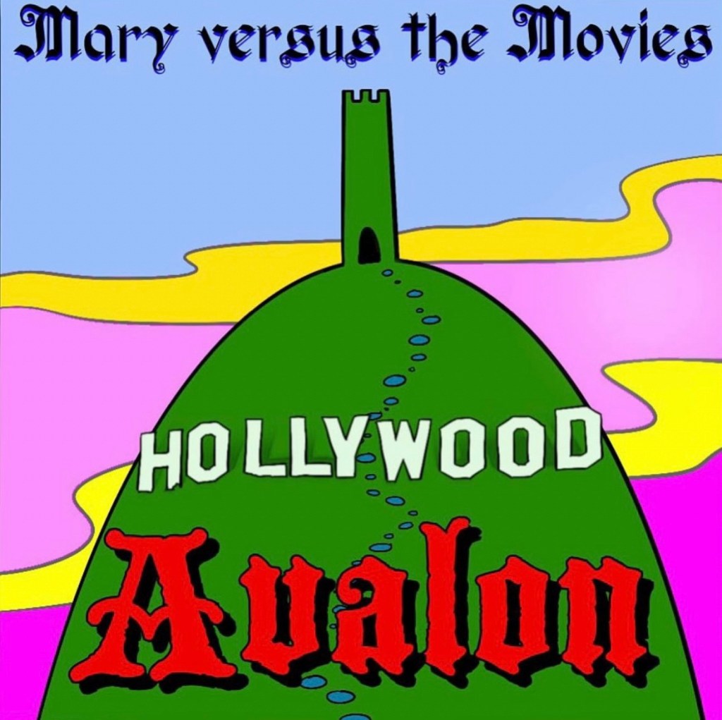 The Hollywood Avalon logo, a drawing a green hill with stone steps leading up to a castle tower, with Hollywood Avalon written on the hill and Mary vs the Movies written in a colorful sky.