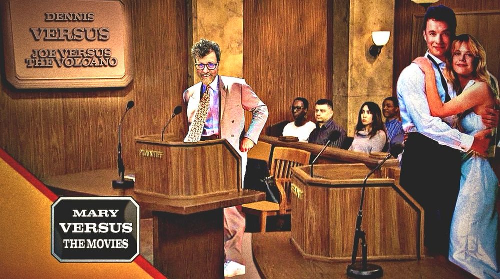 A photoshopped image of The People's Court. Where the show name would be on the wall is Dennis versus the movies, and behind the plaintiff podium is Dennis. The defendants are a hugging Tom Hanks and Meg Ryan. Image by Bob Sellers.