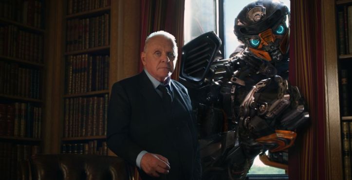 Anthony Hopkins looks unamused next to a Transformer, which frankly I didn't even notice because the CGI is so dark, except that its eyes are lit up with boue.