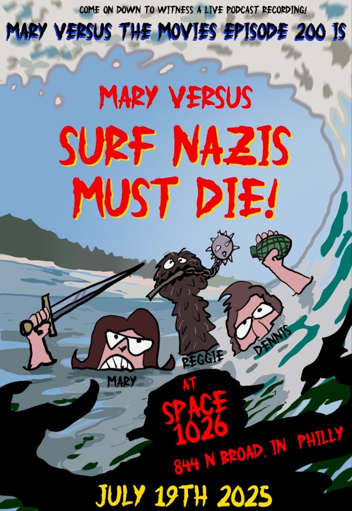 Image of a hand-drawn poster with a little Mary, Dennis, and Reggie the puppet in the ocean with a wave crashing over their heads. Mary has a sword in hand, Dennis has a grenade, and Reggie has a mace. The shadow of a crab-like creature looms in front of them.