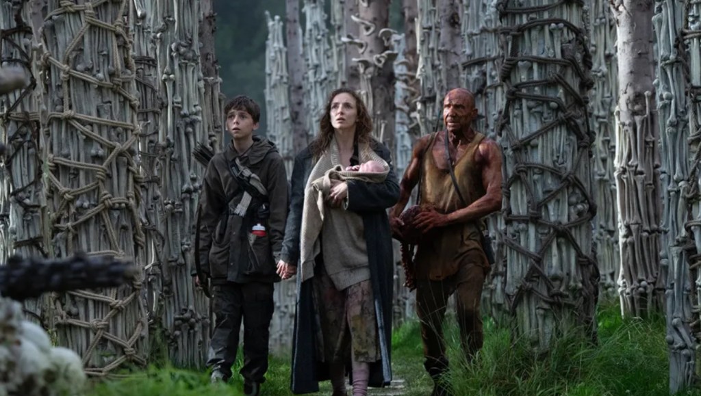 I haven't seen any of these, but I'll do my best: Jodie Comer in dirty apocalypse wear holds hands with one kid and cradles a baby in a sling with the other as they walk next to either a red-painted or blood-soaked Ralph Fiennes between what looks like rope walls or a forest of rope?