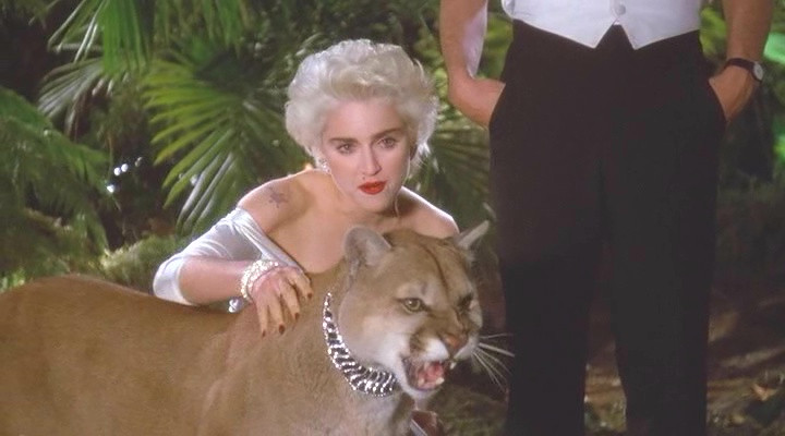 Madonna doing her best Marilyn while petting a mountain lion in a cool necklace slash collar.