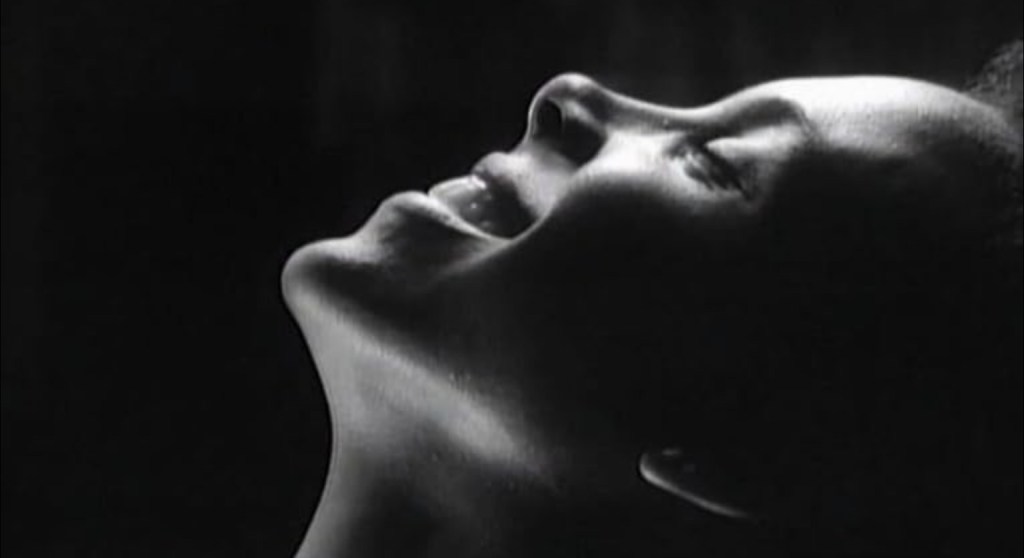 A black and white close-up image of a Black woman with her beautiful face raised to the sky (metaphorically, I think, it could be a sex still)