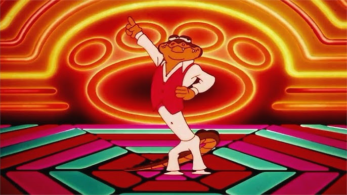 Some sort of anthropomorphic alligator or crocodile is in a white suit and red vest, dancing like Saturday Night Fever with club background to match.