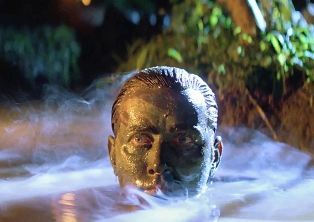 A person submerged to the chin in water, face green with mud, with wisps of steam around their head